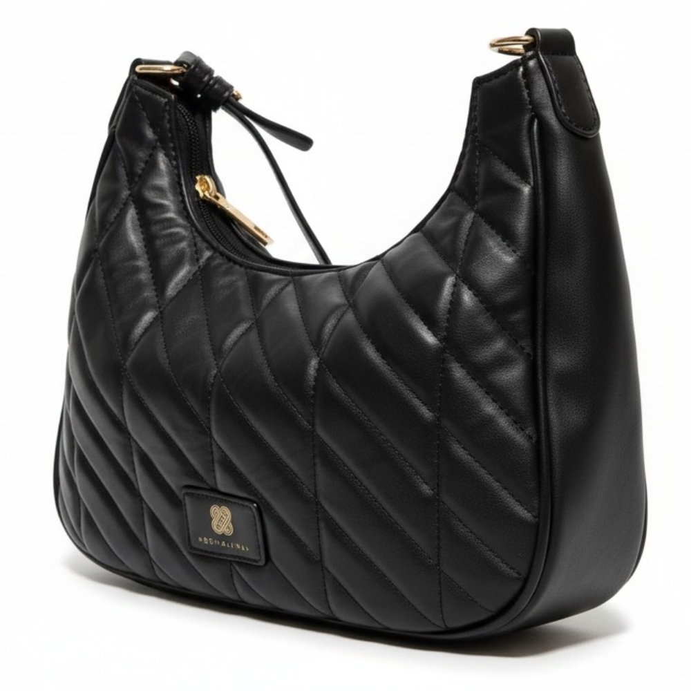 Bosalina Quilted Black Shoulder Bag w/ Extra Strap Gold Hardware Crossbody